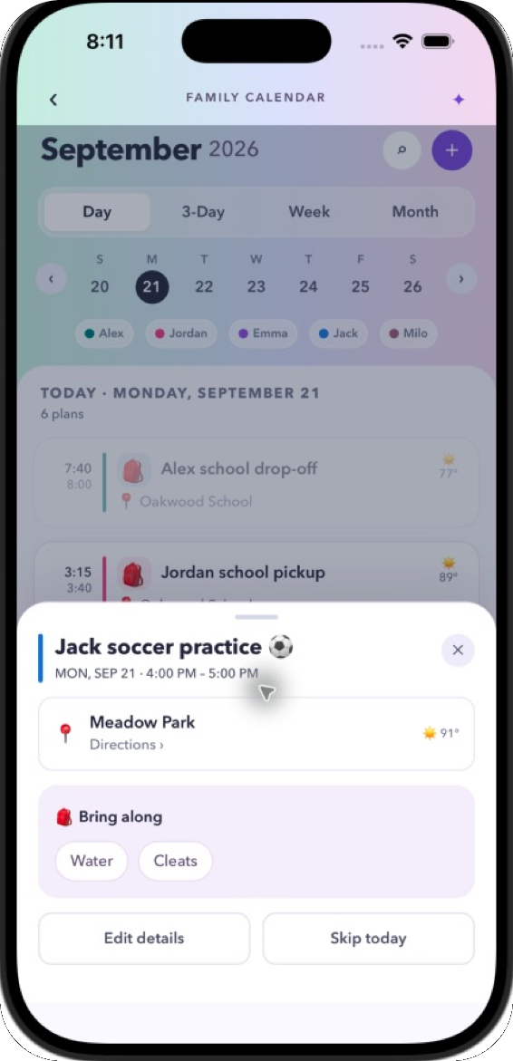Event detail sheet for soccer practice showing place, directions and a Bring along list